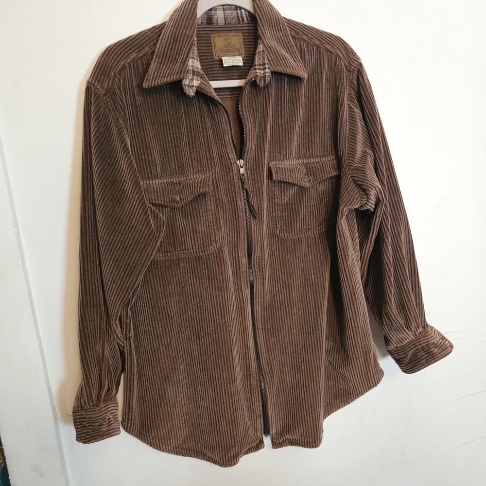 St Johns Bay Wilderness Lodge Zip Up Corduroy Brown Shirt Womens Size L‎ Rugged